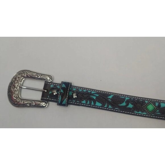 Ariat Womens Size 26 Waist Belt Tooled Recycled Western Brown Blue Cut Stone main image 7
